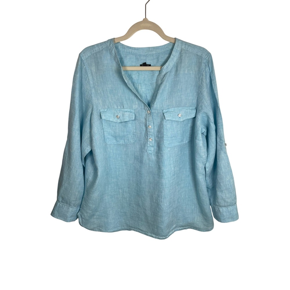 Talbots Womens XLP Blue Linen Roll Tab Sleeve Split Neck Button Tunic Top - Picture 3 of 14